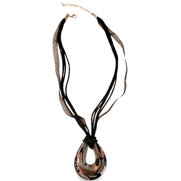 Molten Bronze Swirl Artisan Glass Teardrop Choker on Black Ribbon Necklace - Picture 6 of 6